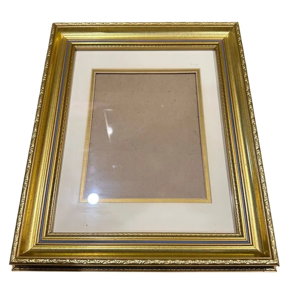 Vintage Ornate Picture Frame Gold Blue Painted 11x14 Wall Hanging Matted 8x10